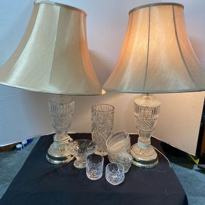 Two Vintage Crystal Based Lamps, Bohemia Lead Crystal Vase & Other Crystal Dishes