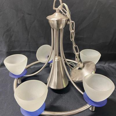 Hanging Light With Blue And White Frosted Glass