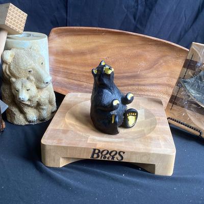 Alaska Ulu Knife, Boos Block, Jeff Flemming Signed Bear, With Carved Candle And Wooden Tray