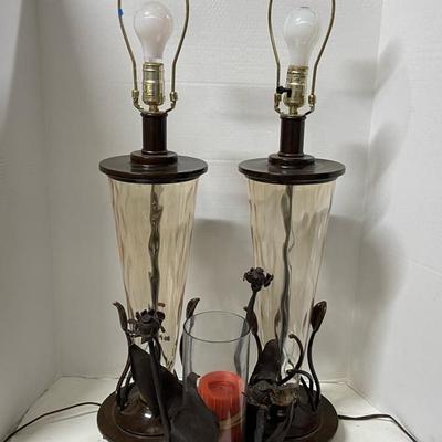 Pair Of Art Deco Glass Based Lamps No Shades & Candle Holder