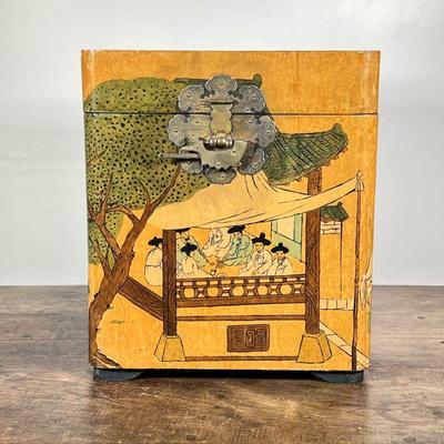 PAINTED ASIAN BOX | Wood carved box with painted figures scenes on all sides - h. 17 x w. 14.75 x d. 11 in
