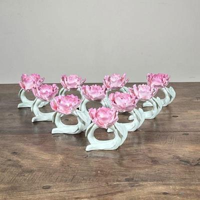 (10pc) FINE PORCELAIN FLOWER FORM NAPKIN RINGS | Lot of 10 fine porcelain flower form napkin rings - could also be used as candlesticks -...
