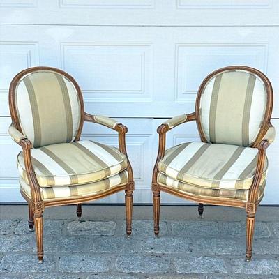 (2pc) PAIR LOUIS XVI ARMCHAIRS | Pair of Louis XVI carved wood & painted round back armchairs with fluted spindle carved legs - h. 34...