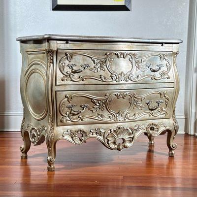 SILVERED ITALIAN BOMBE CHEST | A showstopper - silver finished chest decorated with an overall viney acanthus leaf pattern, having a...