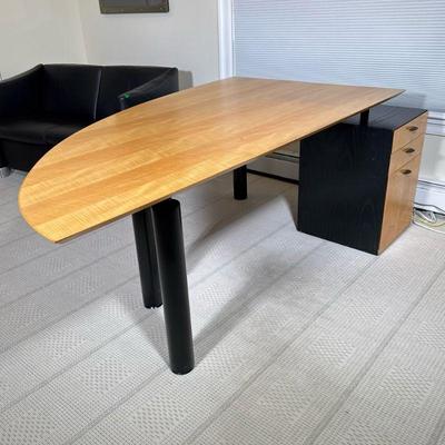 DAVIS FURNITURE CURVED DESK | Curved front wood desk with round metal legs and attached 3-drawer filing cabinet - h. 29 x l. 77 x d. 45.5...