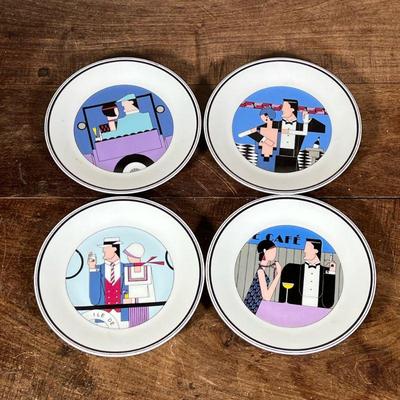 (4pc) PHILIPPE DESHOULIERES LIMOGES COASTERS | Set of 4 Philippe Deshoulieres decorated saucers for Limoges France. - dia. 5.75 in