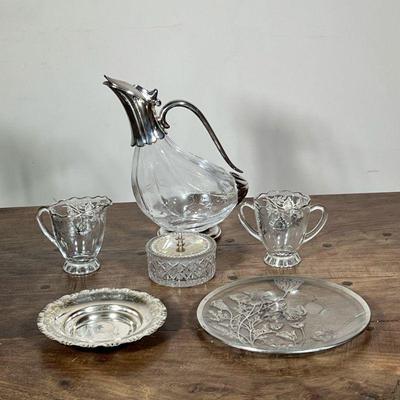 (6pc) SILVER PLATE & GLASS ITEMS | Including: glass & silver plate decanter, cut crystal sugar bowl with silver plate lid and...