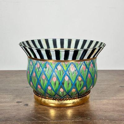 MACKENZIE CHILDS PAINTED GLASS BOWL | Mackenzie Childs hand-painted glass bowl with tulips - h. 5.25 x dia. 8 in