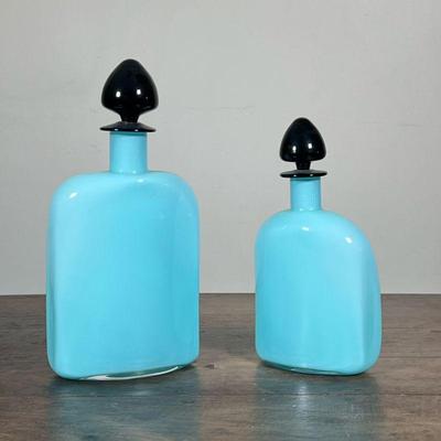 (2pc) ROBIN'S EGG BLUE VENETIAN GLASS BOTTLES | Two matching bottles with black removable stoppers. - h. 11.5 x w. 5.5 in

