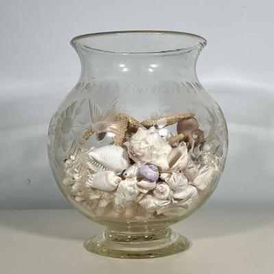 ETCHED GLASS VASE & SEASHELLS | Hand-blown & etched clear glass floral vase with seashells - h. 12 x dia. 10 in