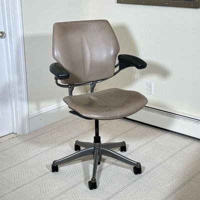 FREEDOM BY HUMANSCALE OFFICE CHAIR | Brown leather rolling office chair from Freedom series by HUMANSCALE - h. 41 x w. 27 x d. 24 in
