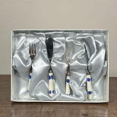MURANO GLASS HANDLED SILVER PLATE UTENSILS | Set of 4 Murano glass handles silver plate utensils including pair of appetizer forks and...