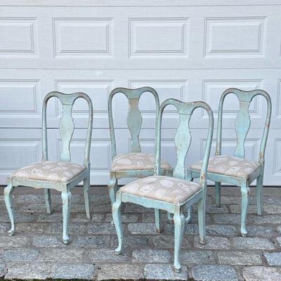 (4pc) RUSTIC BLUE PAINTED DINING CHAIRS | Set of 4 carved wood & blue painted dining chairs with rounded back over cabriole legs,...