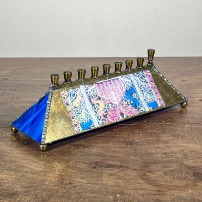BRASS & ART GLASS MENORAH & CANDLES | Including: art glass and brass menorah with Hanukkah candles - h. 4.5 x w. 3.5 x l. 11.5 in
