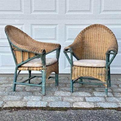 PAIR ENGLISH ARTS & CRAFTS STYLE RATTAN & WICKER ARMCHAIRS | Pair of wicker curved back armchairs with painted blue rattan...