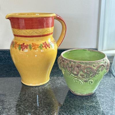 (2pc) ITALIAN CERAMICS | Including pitcher & flower pot - h. 8.25 x dia. 5.5 in