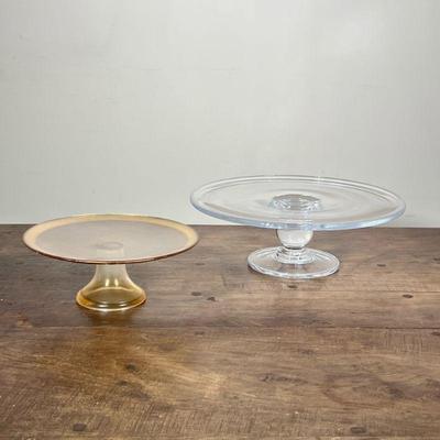 (2pc) GLASS CAKE PLATES | Set of 2 glass cake plates on pedestal base, one with gilt rim - h. 4 x dia. 12 in (larger)
