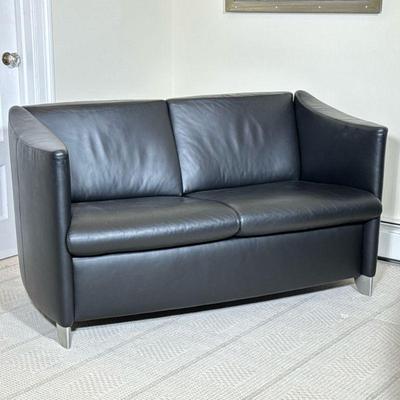 CONTEMPORARY BLACK LEATHER LOVESEAT | Two-seat sofa with machined metal legs Dimensions: h. 29 x w. 54 x d. 28 in
