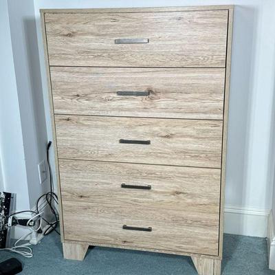 LIGHT WOOD CHEST OF DRAWERS | Having 5 drawers with brushed aluminum pulls - h. 48 x w. 31.5 x l. 16 in