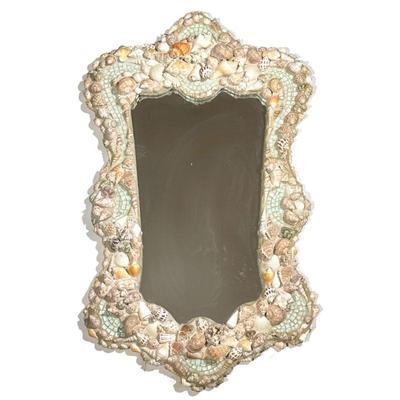 SEASHELL, MOSAIC & GLASS MIRROR | Mirror with mosaic glass & applied seashells decorating the serpentine frame - h. 39 x w. 24 x...
