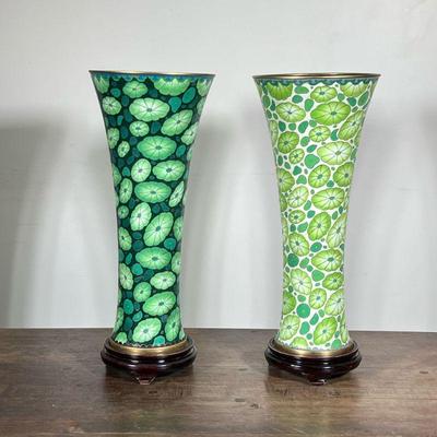 (2pc) CONTEMPORARY JAPANESE CLOISONNÉ TAPERING VASES | Pair of green lily pad cloisonné vases on wood stands with unique overall pattern...
