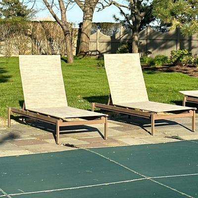 (3pc) PAIR RICHARD FRINIER FOR BROWN JORDAN OUTDOOR LOUNGERS | Includes matching side table - h. 41 x w. 27 x l. 81 in
