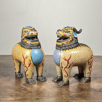 (2pc) CLOISONNE ENAMELED FOO DOG LIDDED VESSELS | Cloisonné enamel pieces. Metal head tops are removable lids - h. 11 x d. 8 in
