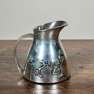 MEXICAN SILVER PLATE & TURQUOISE PITCHER | Silver plate pitcher with bird and flower relief with inlaid turquoise and lapis lazuli,...
