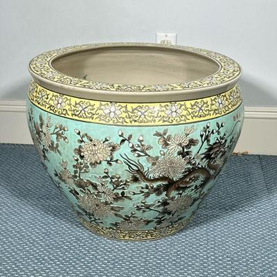 MONUMENTAL FISHBOWL JARDINIERE PLANTER | Glazed ceramic fishbowl jardiniere with dragon decoration - h. 16 x dia. 21 in
