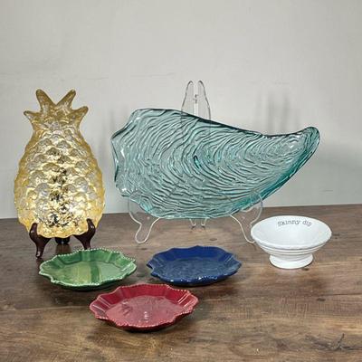 (6pc) MIXED GLASS & CERAMICS | Including: blue glass platter, gilt glass pineapple form platter, set of 3 small ceramic dishes, and...