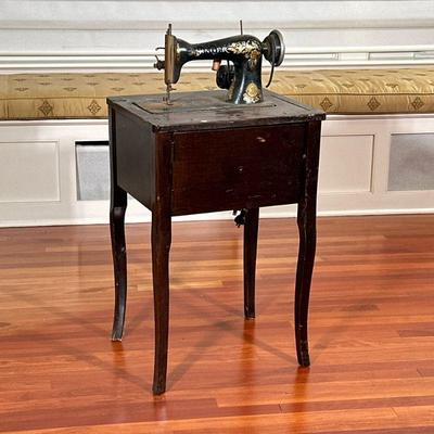 STENCILED SINGER SEWING MACHINE | Electrified stenciled singer sewing machine table - h. 37 x w. 20 x d. 17 in