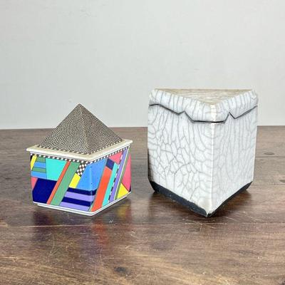 (2pc) LIDDED CERAMIC BOXES | Including: colorful Rosenthal lidded ceramic box with pyramid top and triangular cracked glaze ceramic box -...
