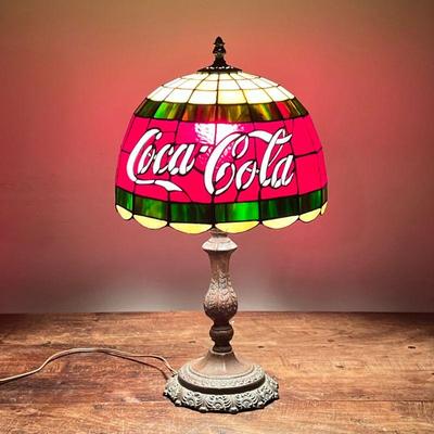 COCA-COLA SLAG GLASS LAMP | Coca-Cola slag glass lampshade on bronzed lamp - h. 20 x dia. 12 in
