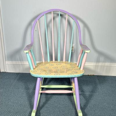 LISAO COLORFUL ROCKER | Colorful pastel painted rocker, signed & dated on bottom “Lisao ‘87” Dimensions: h. 34 x w. 22.5 x l. 28.5 in