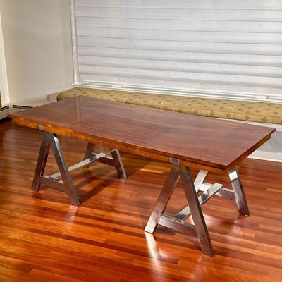 POLO RALPH LAUREN VINTAGE A-FRAME DESK | Polo Ralph Lauren drafting desk on metal “horses” for legs. One drawer. - h. 30.5 x w. 84 x d....