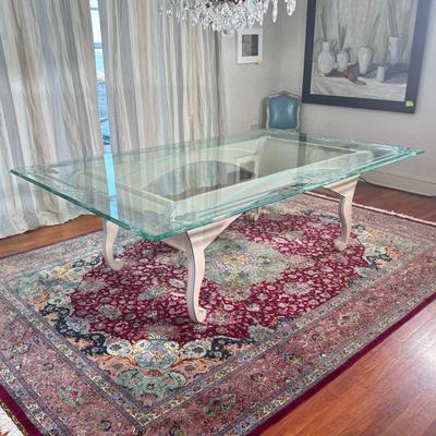 BESPOKE ETCHED GLASS DINING TABLE | Glass top with etched scroll pattern raised on a blue & white painted base. scroll legs - h. 30 x...