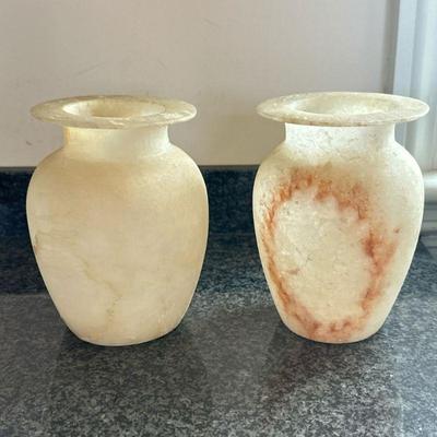 (2pc) PAIR CARVED STONE VASES | Dimensions: h. 6 x dia. 4 in