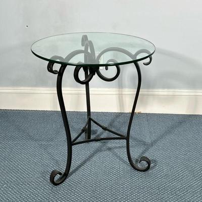 ROUND GLASS SIDE TABLE | Wrought iron and round glass top side table - h. 24 x dia. 21 in
