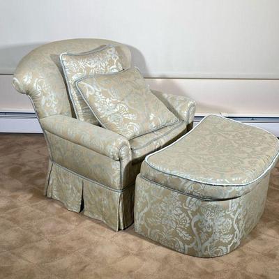 OVERUPHOLSTERED CURVED BACK ARMCHAIR & FOOTREST | Victorian style curved back upholstered armchair with matching curved footrest,...