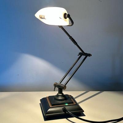 ARTICULATING BRASS LAMP | With sandblasted glass shake - h. 22 x w. 6 x l. 20 in (fully extended each direction)