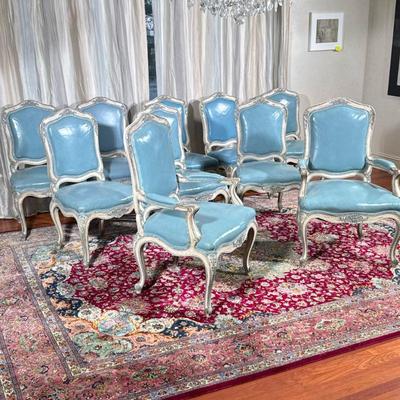 (10pc) 19th CENTURY FRENCH LOUIS XV STYLE DINING CHAIRS, ROBIN'S EGG LEATHER | Comprising two armchairs and eight side chairs, with...