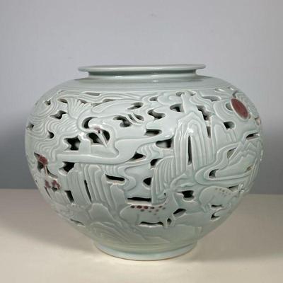 KOREAN DOUBLE-WALLED VASE | Blue glaze Korean vase with double walls & cut outer layer. Dimensions: h. 10 x dia. 12 in
