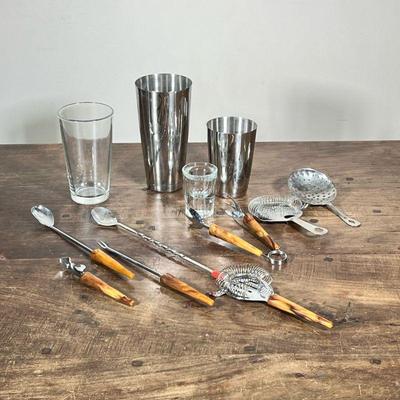 MIXED BARWARE | Including: 2-piece cocktail shaker, shot glass, pint glass, 3 cocktail strainers, bottle opener, bar spoons, and more!