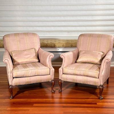 (2pc) Upholstered Chairs | Pink matching chairs. Pillows included. Damask material with brass tacks. Zippered cushion. Queen Anne-style...
