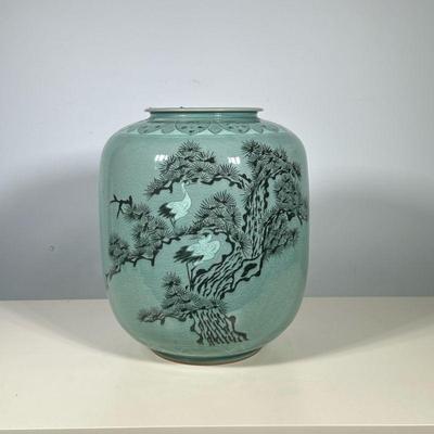 KOREAN CRACKED GLAZE VASE | Crackle glazed Korean vase decorated with birds & flowers. Dimensions: h. 12 x dia. 10 in
