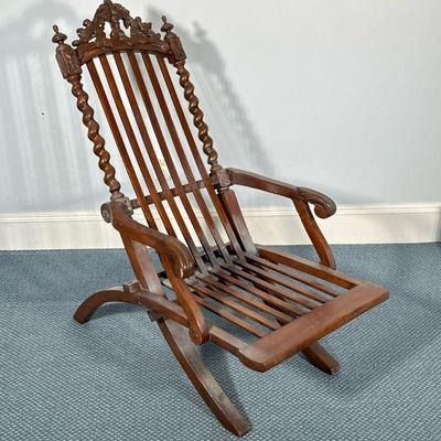 Antique Carved Wood Deck Chair | Antique carved wood folding deck chair with twisting spindle carved sides - h. 41 x w. 24 x d. 38 in
