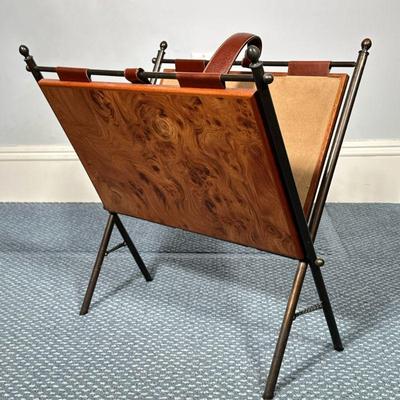 BURLWOOD & LEATHER MAGAZINE HOLDER | Burl wood veneer folding magazine holder with inlay leather center - h. 18 x w. 12 x l. 18 in

