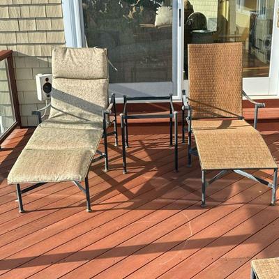 OUTDOOR PATIO LOUNGE SET | Including pair of wicker & metal chairs and table vase - missing glass top - h. 41 x w. 29 x l. 76 in