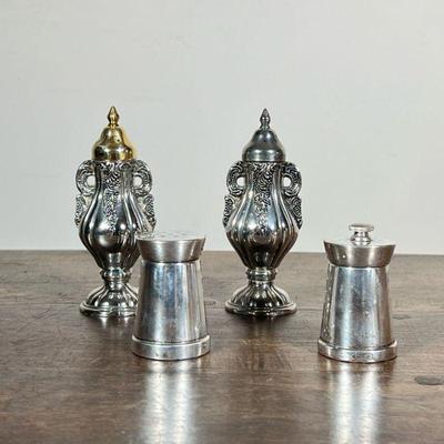 (4pc) SALT & PEPPER SHAKERS | Including: pair of stainless steel minimalist salt & pepper shakers marked “Made in Italy” and...