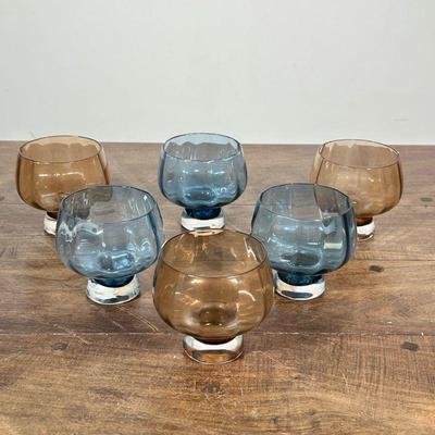 (6pc) COLORED GLASSES | Set of 3 blue & 3 brown colored glasses - h. 3.5 x w. 3.5 in
